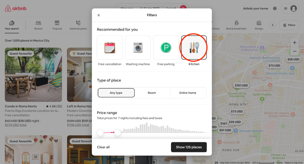 Kitchen selected in the filter of Airbnb - a great way to save money on food while traveling.