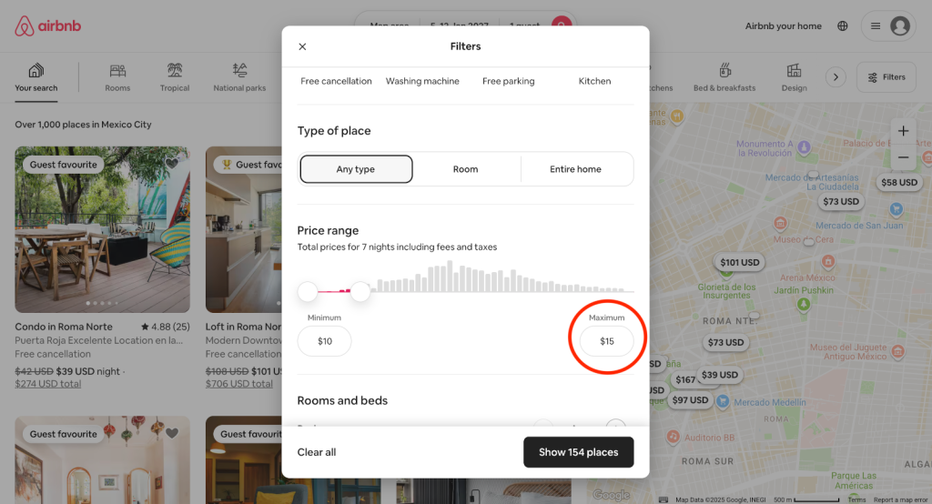 A maximum price per night of 15 USD selected in Airbnb's filter options.