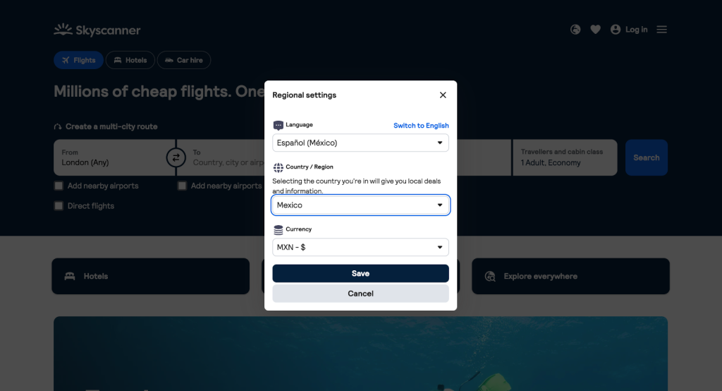 A white popup box on Skyscanner.com with fields to change the language, country and currency - a flight hack to finding cheaper flights.