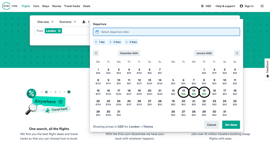 Search results on Kiwi.com showing a monthly flight calendar - the best way to find cheap flights.