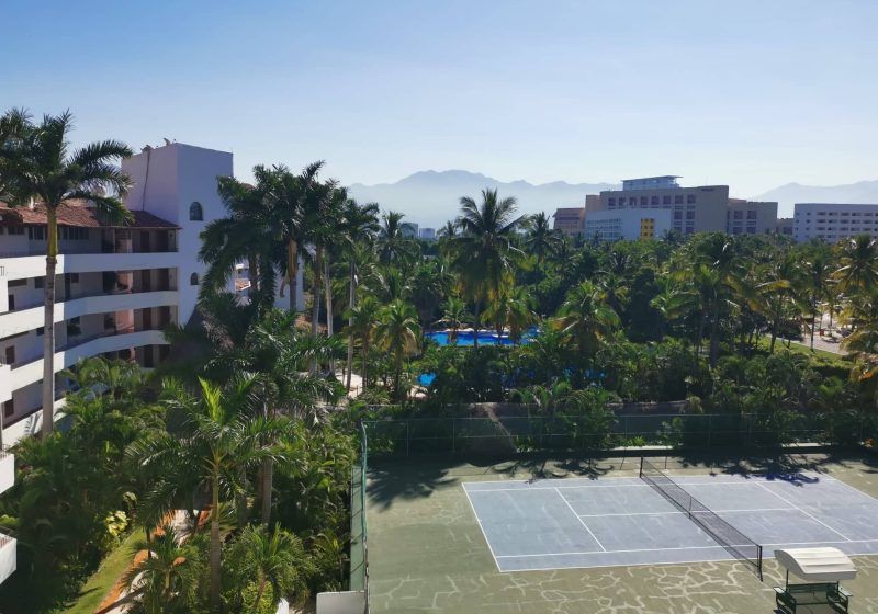 View over tennis courts and palm tress from our free accomodation with Workaway - one of the best ways how to find free accommodation