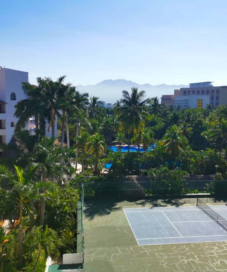 A tennis field surrounded by green palm trees, condos and blue sky - one of our free accommodations in Mexico!