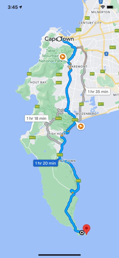 A map showing the driving route for how to get to Cape Point from Cape Town