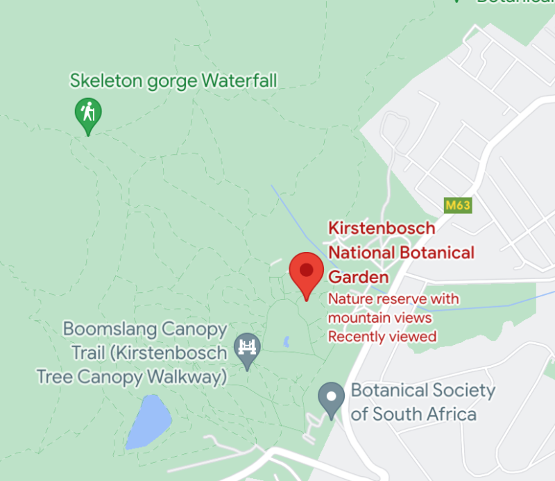 Map showing the starting point for the Skeleton Gorge hike at Kirstenbosch Gardens