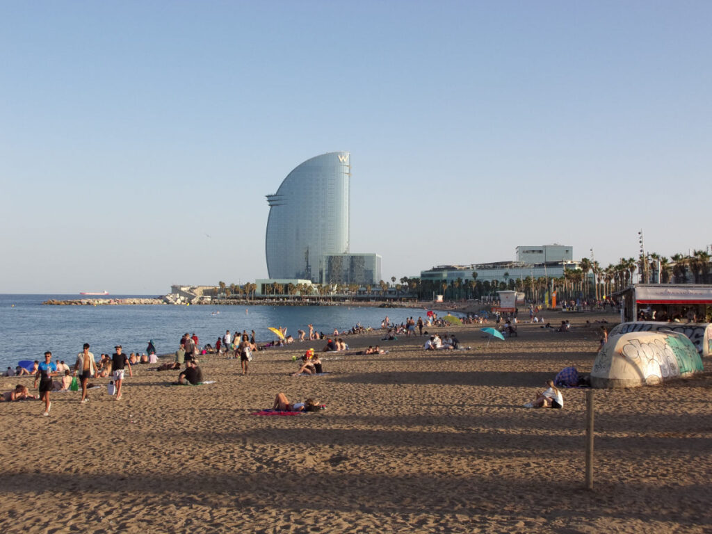 Barcelona beach with view of the W Hotel