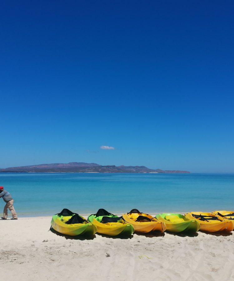 Ice cream man walking on the beach by Kayaks at Playa Tecolote.