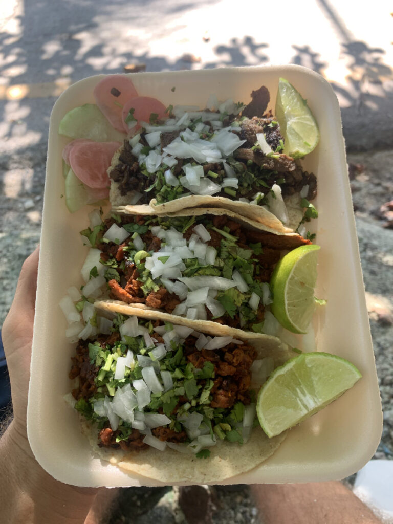 Three vegan tacos from Tacos ALV in Playa Del Carmen.