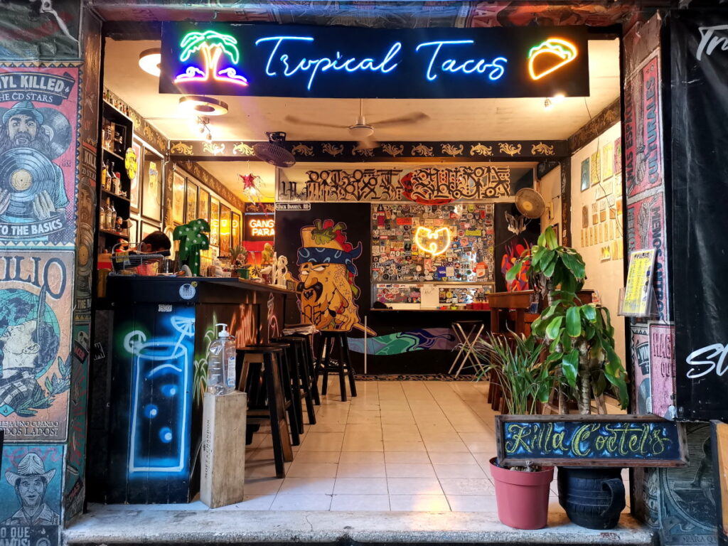 Entrance to a taco restaurant - one of the best cheap eats in Playa del Carmen Mexico