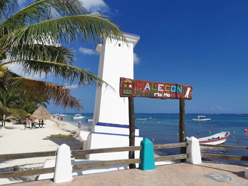 The malecon in Puerto Morelos in front of the beach and blue ocean