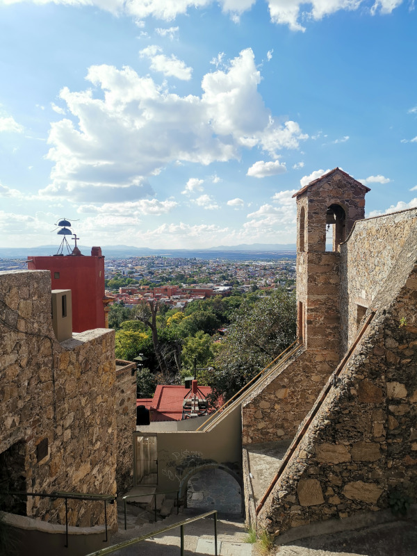 View over San Miguel de Allende with a church tower in the foreground