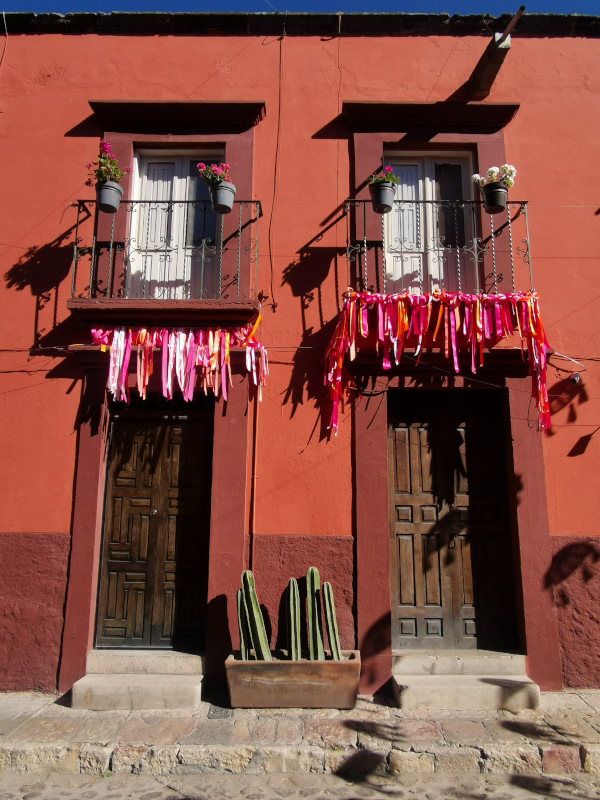 Pretty red colorful building in San Miguel de Allende with a cactus in front