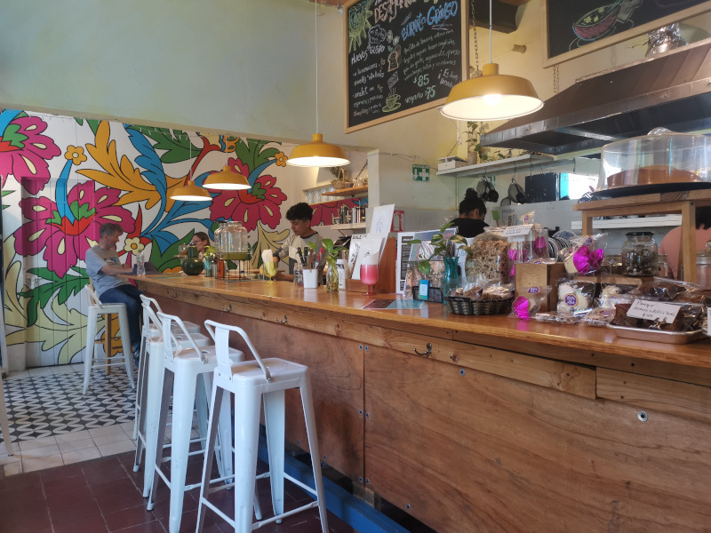 The seating area at Deli Q a great cafe in San Miguel de Allende with vegan options