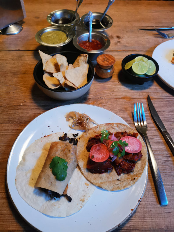 Vegan tacos at Don Tacos served with salsas on a white plate for Christmas in San Miguel de Allende