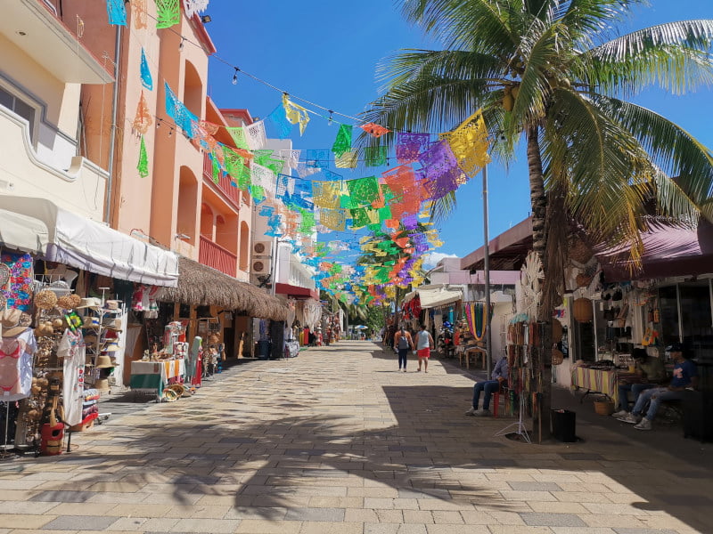 Colorful street in Playa del Carmen center with souvenir stands