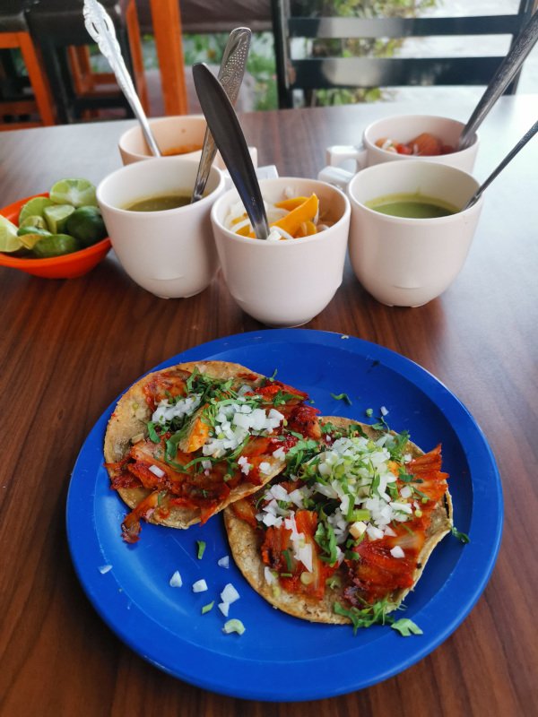 Two tacos al pastor an a blue plastic plate at Taqueria El Maguey in San Miguel De Allende