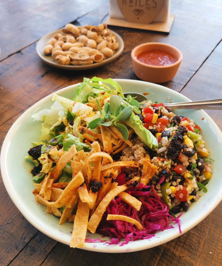 A plate full of vegan food at a vegan restaurant in San Miguel de Allende