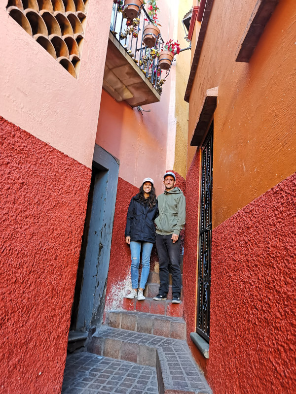 Standing in a narrow alley way in Guanajuato.