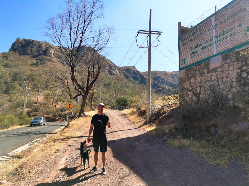 Standing at the side of the road with a dog at the start of the La Bufa Guanajuato hike