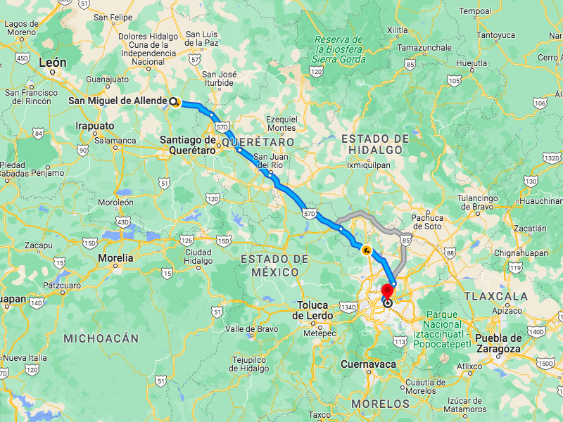 Map showing the distance between Mexico City Airport and San Miguel de Allende