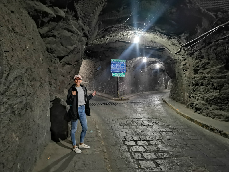 Katharina walking through tunnels a cool thing to do in Guanajuato