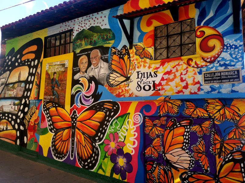 A mural on a wall covered with monarch butterflies