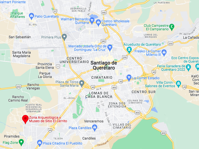 Map showing the location of El Cerrito Archaeological Zone on the outskirts of Querétaro