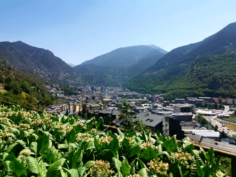 View over a valley with the city of Andorra La Vella the capital city of Andorra