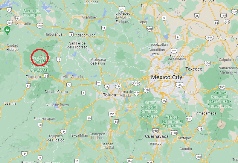 Showing the location of Angangueo Michoacán on the map close to Toluca and Mexico City