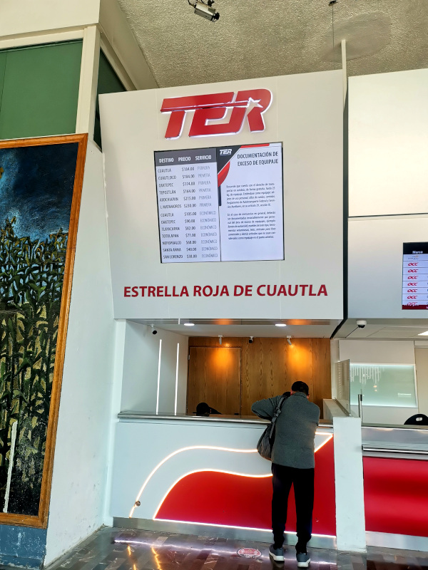 A man standing at the counter of the TER bus line in Mexico City