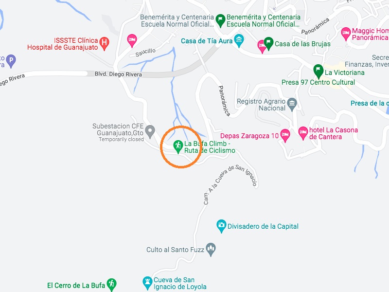 Map of Guanajuato with the starting point of the La Bufa hike circled