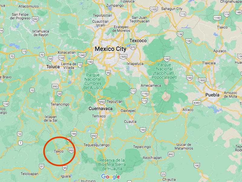 Map of Taxco Mexico showing Mexico City and Taxco marked with a red circle