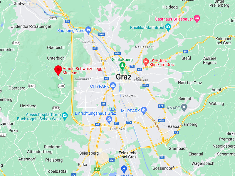 Map showing the location of the Arnold Schwarzenegger museum in Austria next to Graz