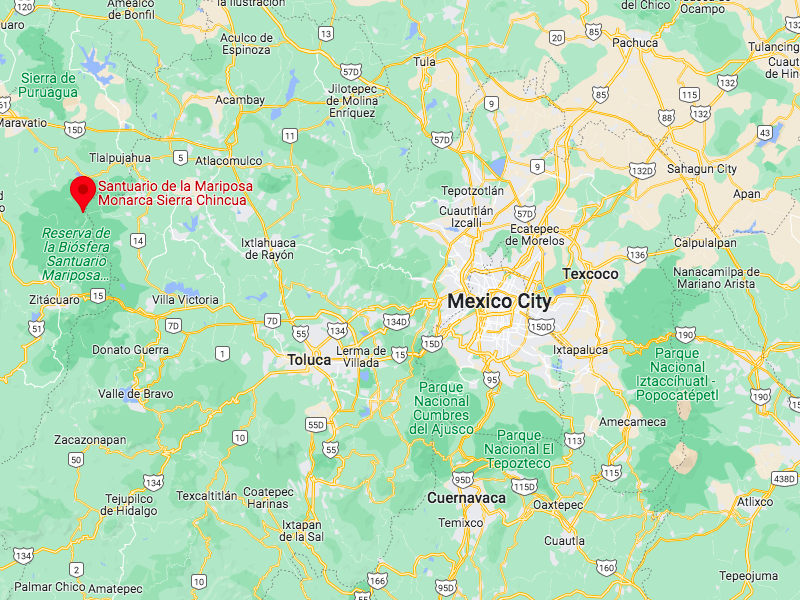 A map showing the location of the Monarch Butterfly Biosphere Reserve near Mexico City