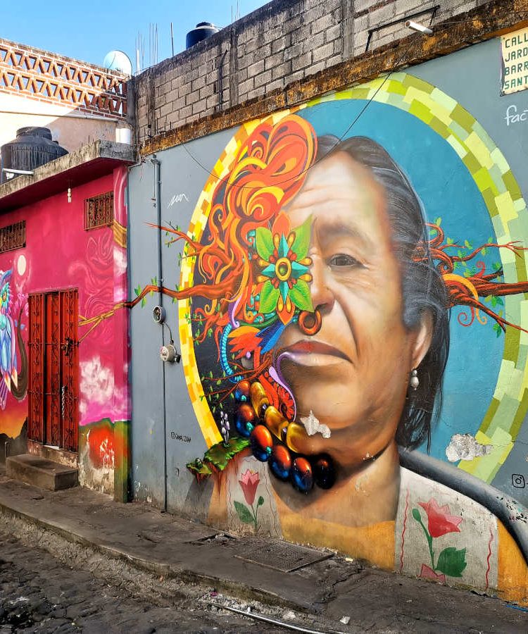 A beautiful piece of street art showing an indeginous Mexican womans face in Tepoztlán Mexico