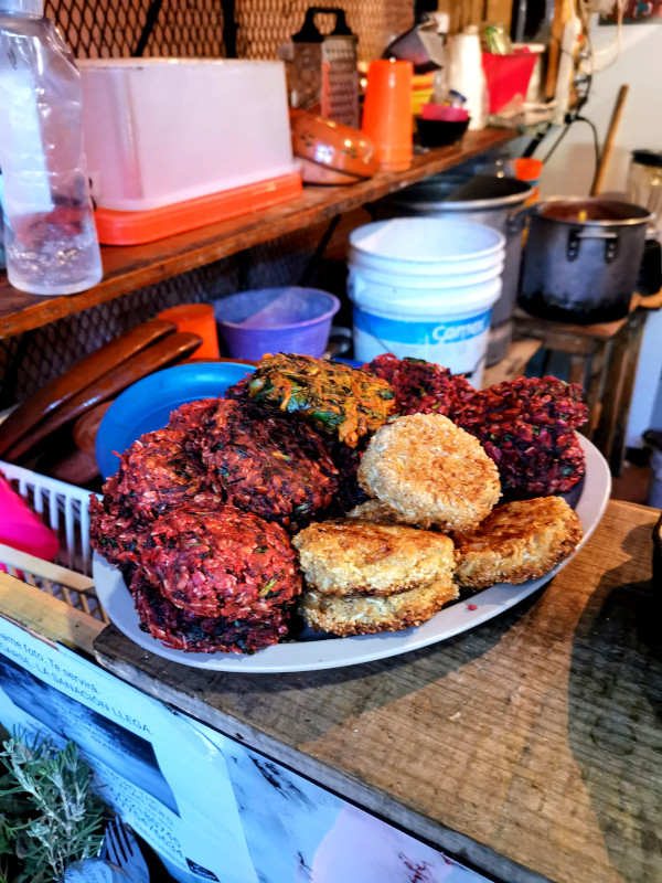 Pre-hispanic veggie patties on a plate in red, green, and yellow color