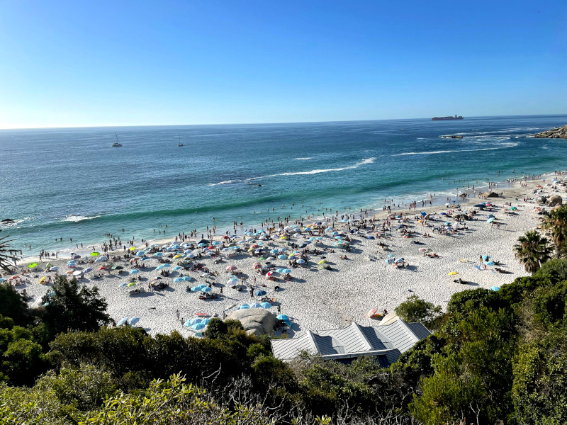 A crowd of people on Clifton Beach in Cape Town