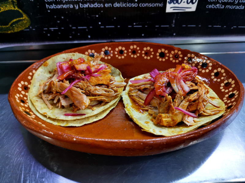 Two Cochinita Pibil tacos on a brown ceramic plate