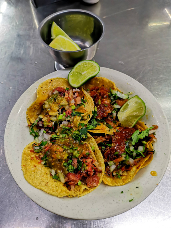 Four tacos on a plate with salsa some of the best tacos in Mexico City