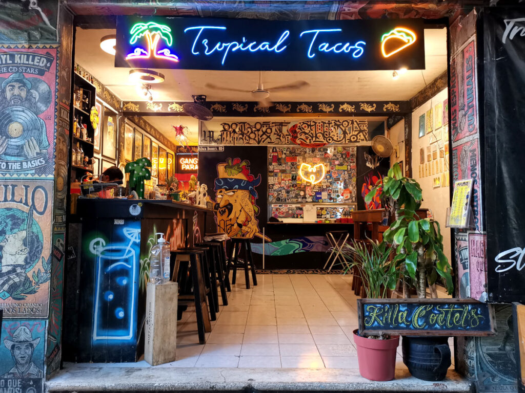The entrance to Tropical Tacos a great vegan restaurant in Playa del Carmen