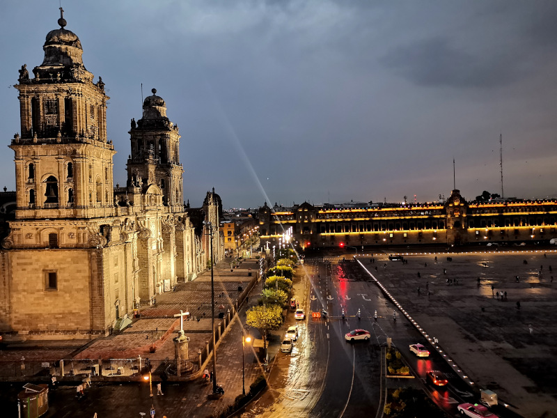 The central church at the Zocalo in Mexico City at night time