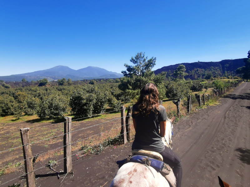 Katharina riding a horse along a black sandy path a good way to get to Paricutin Volcano