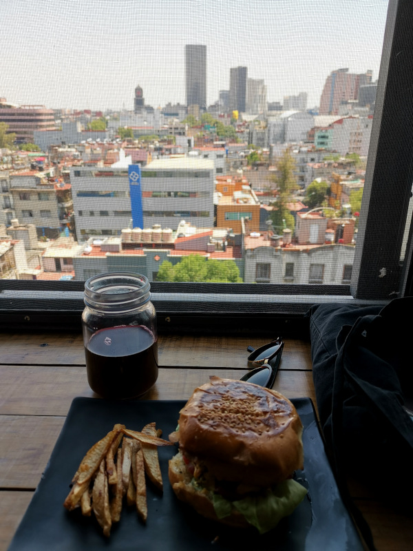 A vegan burger on a plate with a view over Mexico City in the back 