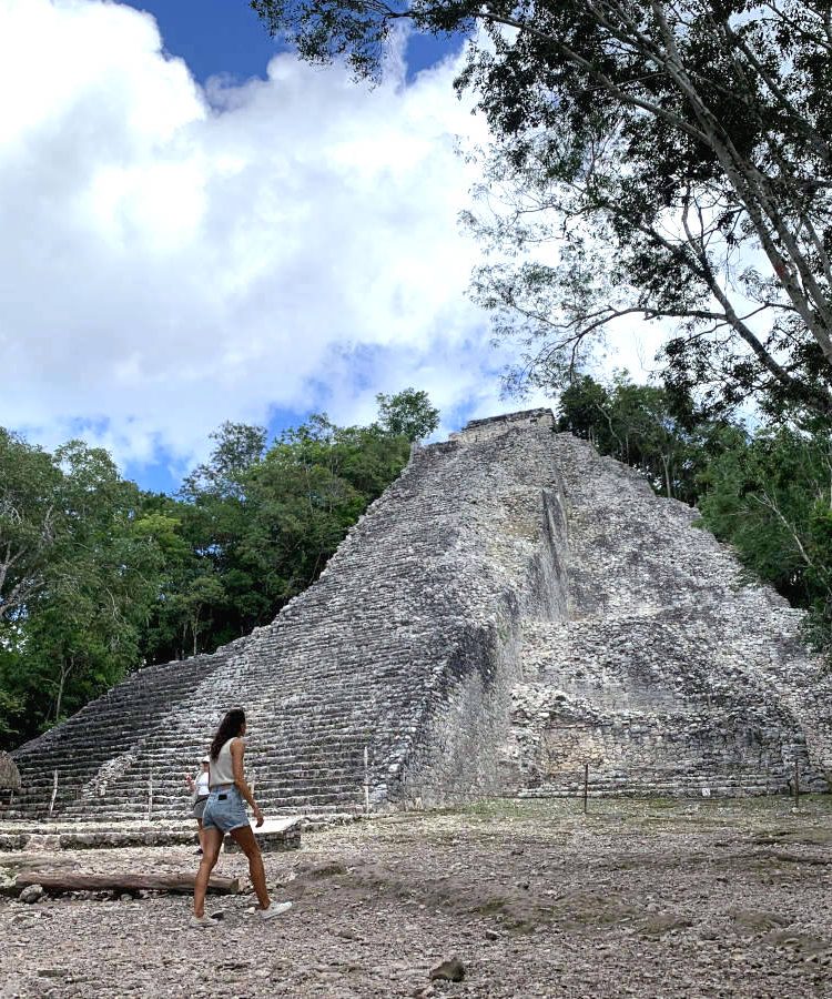 Katharina walking towards the main pyramid in Coba