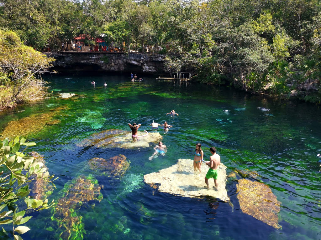 A group of people swimming in relaxing in the water at an open air cenote