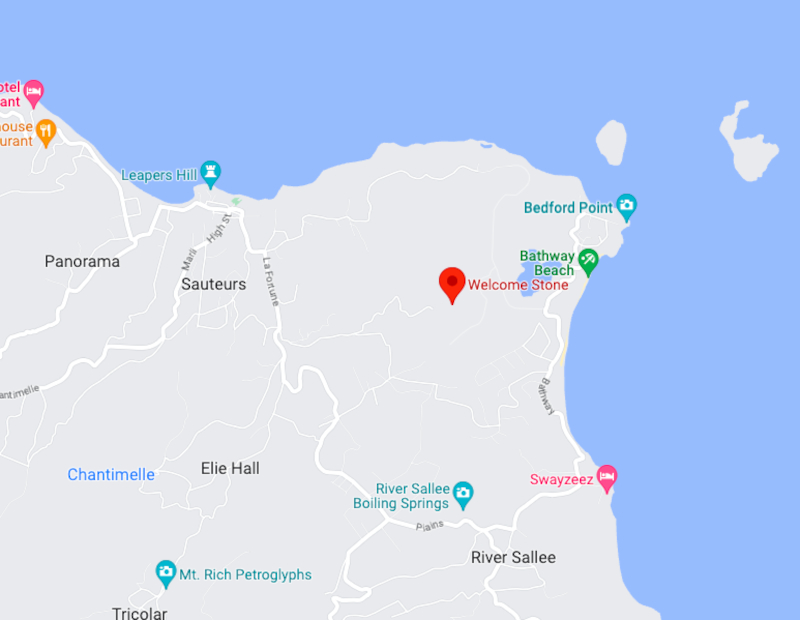 A map showing the location of Welcome Stone in Grenada