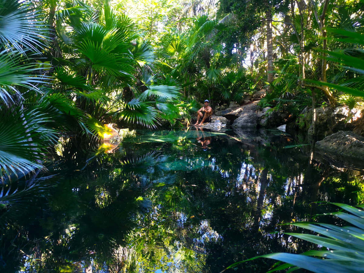 Allan sitting next to a cenote in the jungle showing what a cenote is