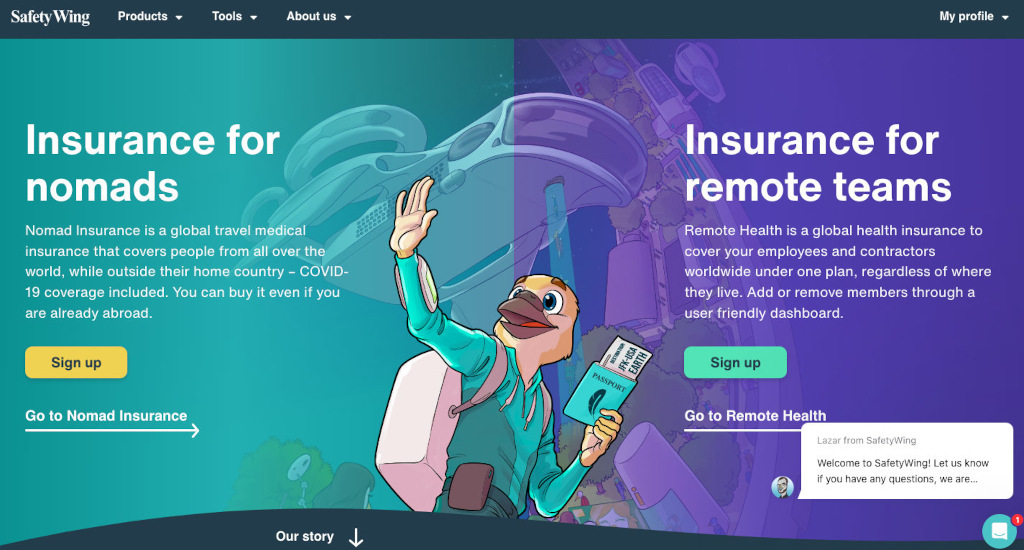 The home page of Safety Wing which has some of the best travel insurance for digital nomads