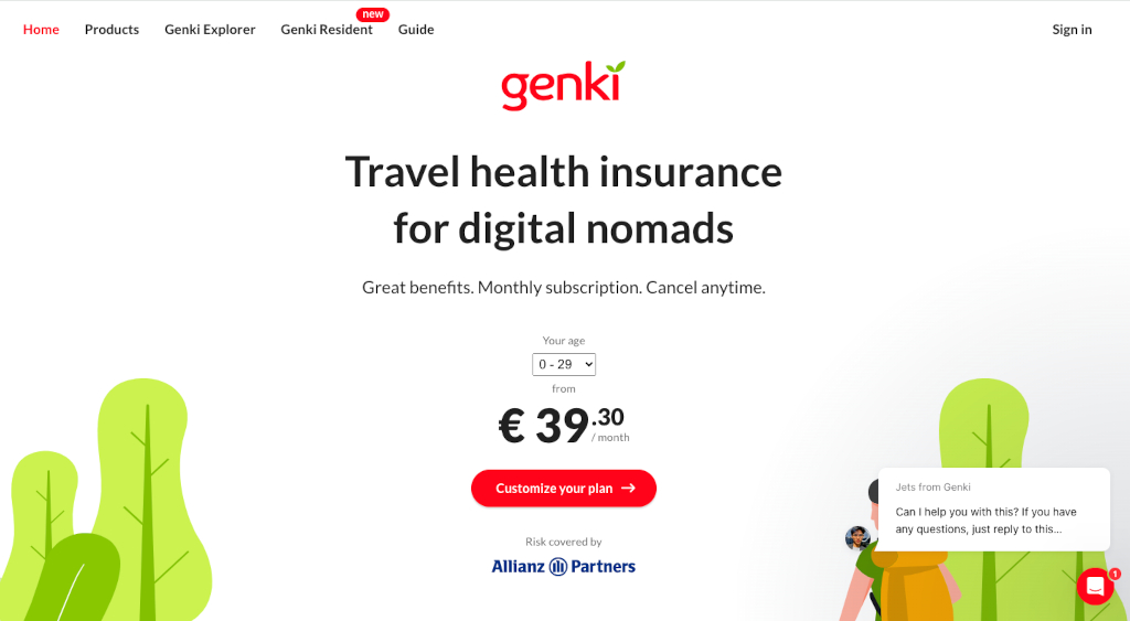 The home page of Genki travel insurance