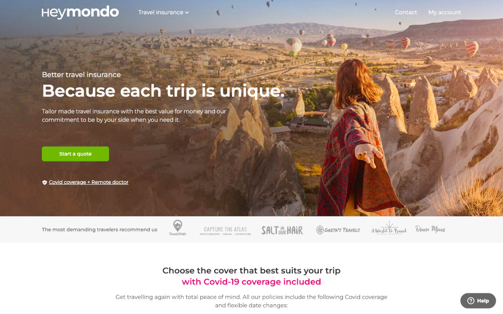 The home page of heymondo which provides some of the best travel insurance for digital nomads
