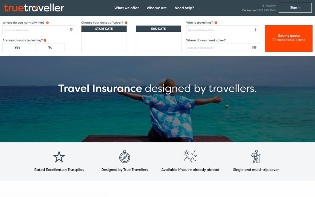 Screen shot of the True Traveller insurance website